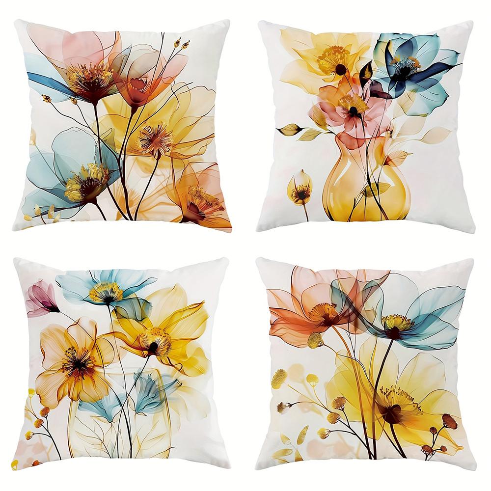 Spring Watercolor Yellow Blue Pink Flowers Pillowcasebedroom Sofa Decorative Cushion Cover With Zipper Soft Cushion Cover