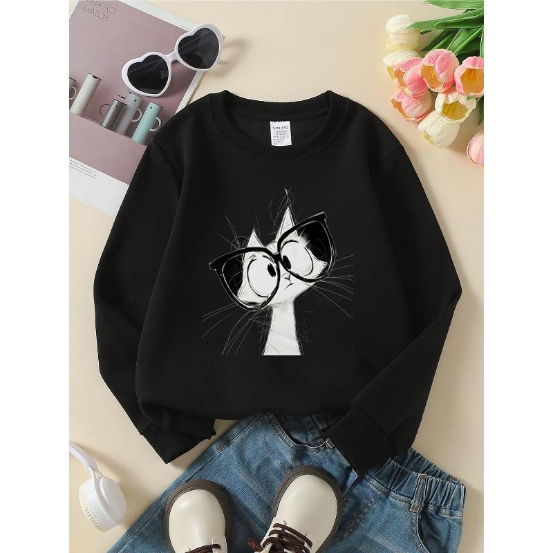 European sizes Crewneck Sweatshirt for Girls with Sketch of Cat Wearing Glasses, Soft Comfy Sportswear for Casual Outings for Kids & Teens