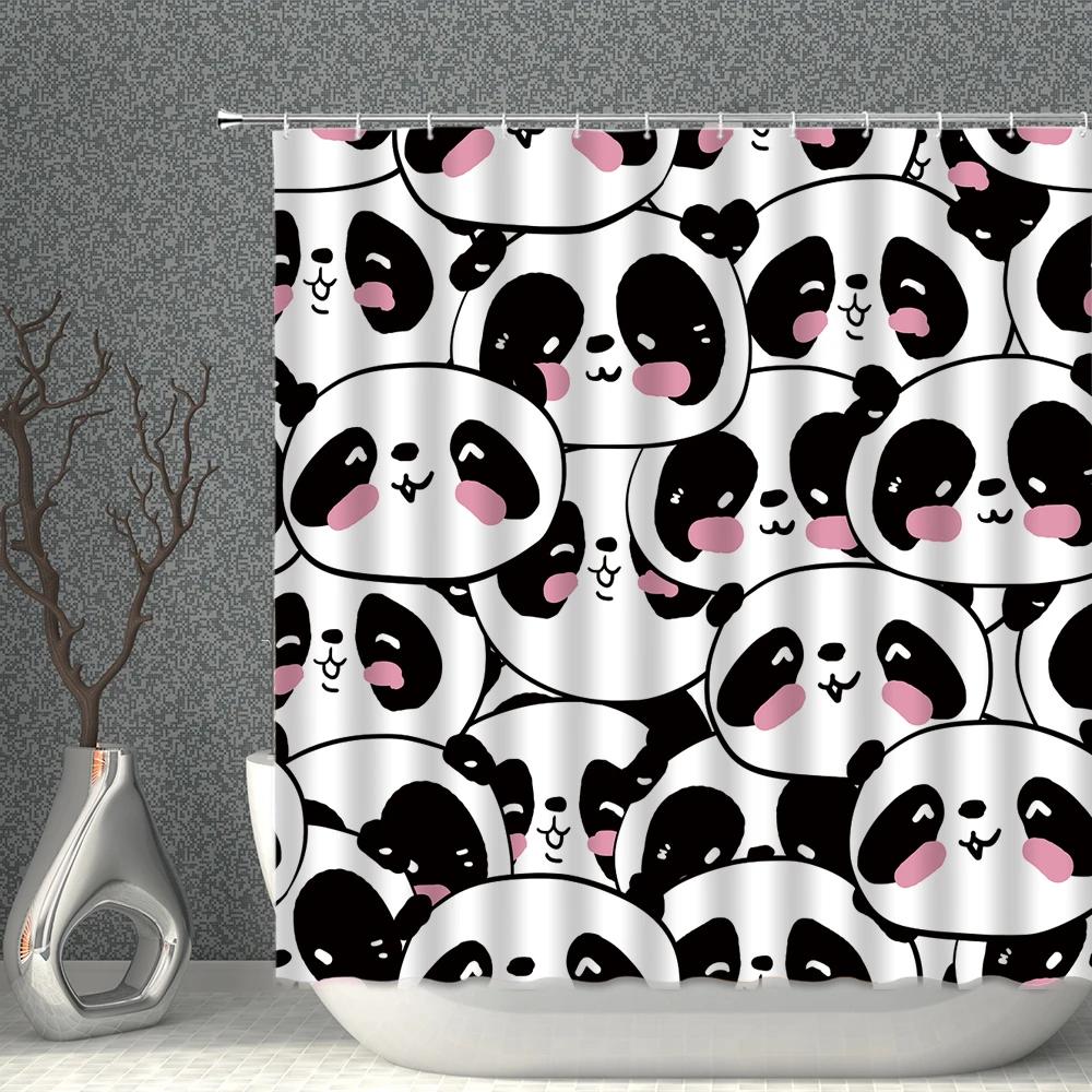 Panda Shower Curtain Set Waterproof Cartoon Lovely Animal White Print Polyester Cloth Bathcurtains Bathroom Screen Bathtub Decor
