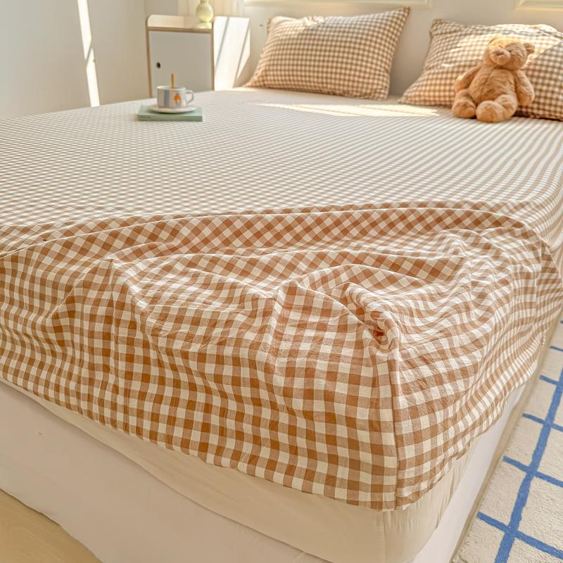 2024 New A-class Solid Color Good Quality Grid Washed Cotton Bed Sheet, Single Piece Fully Enclosed Non Slip Bed Sheet, Bed