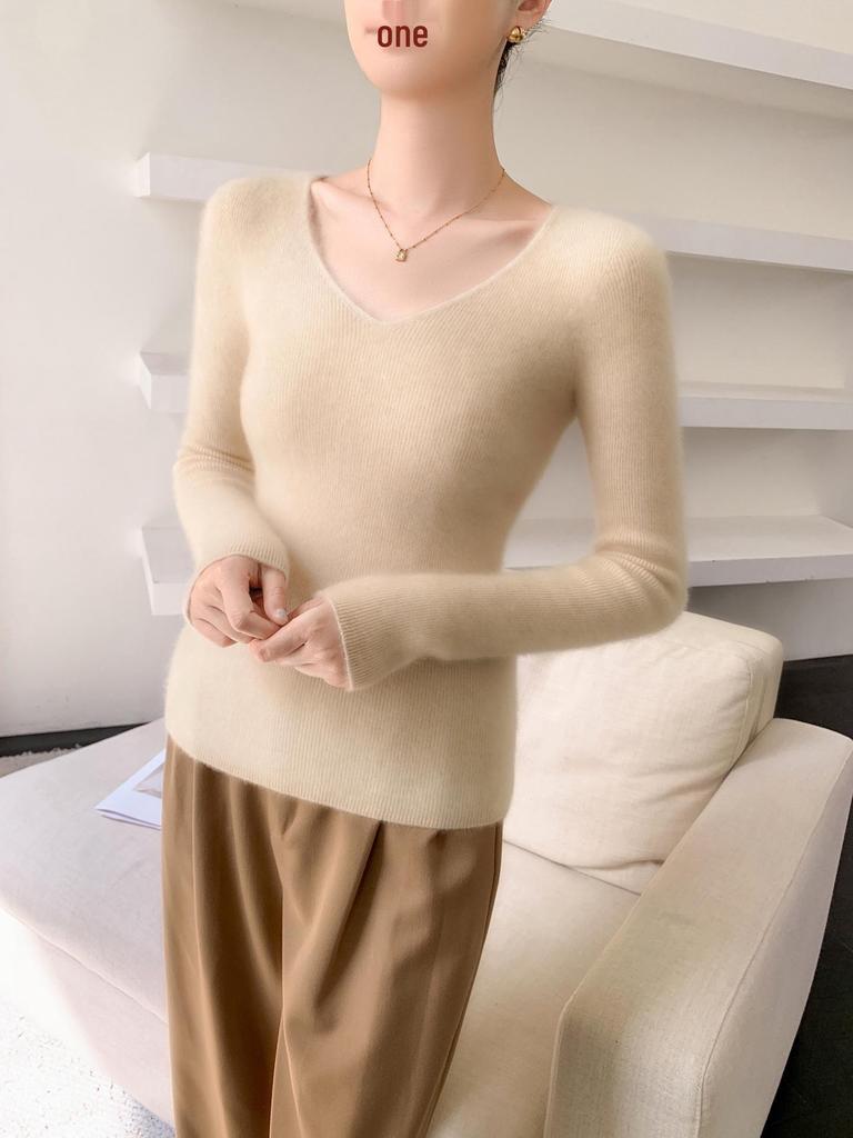 Women's V-Neck Cashmere Pullover - Loose Fit Solid Color Base Layer for Autumn/Winter