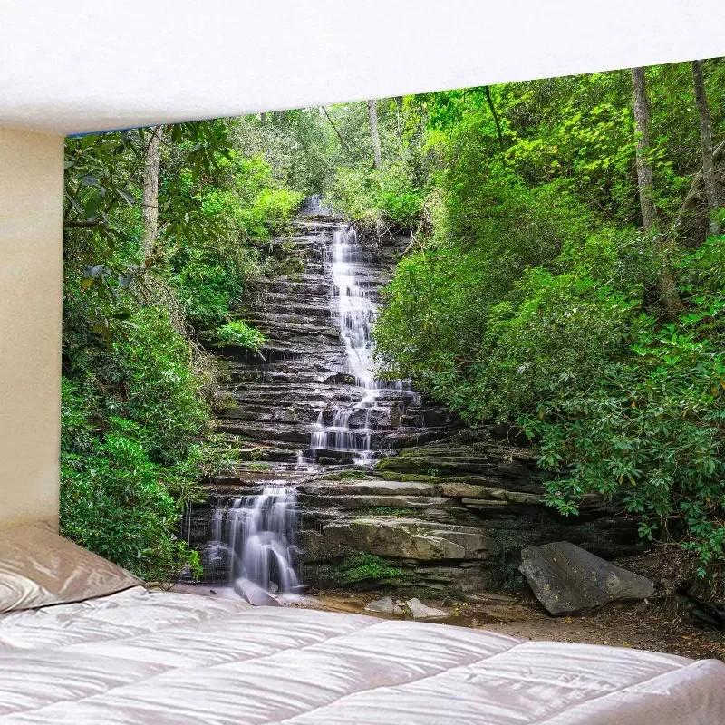 Large wall tapestry of natural forest chalet by the lake, hippie landscape art for home decoration, bohemian wall pendant inspired by nature
