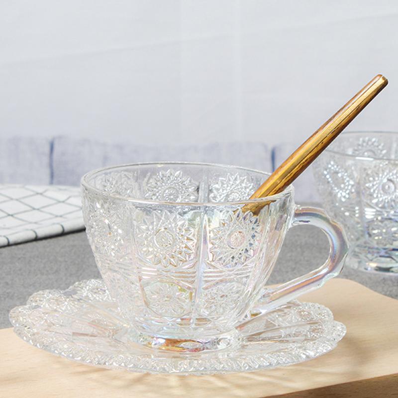 200ml Coffee Cup Set Luxury Retro Embossed Coffee Glasses Plate and Mug Household Latte Cup Glass Tea Cup Sets  Cups