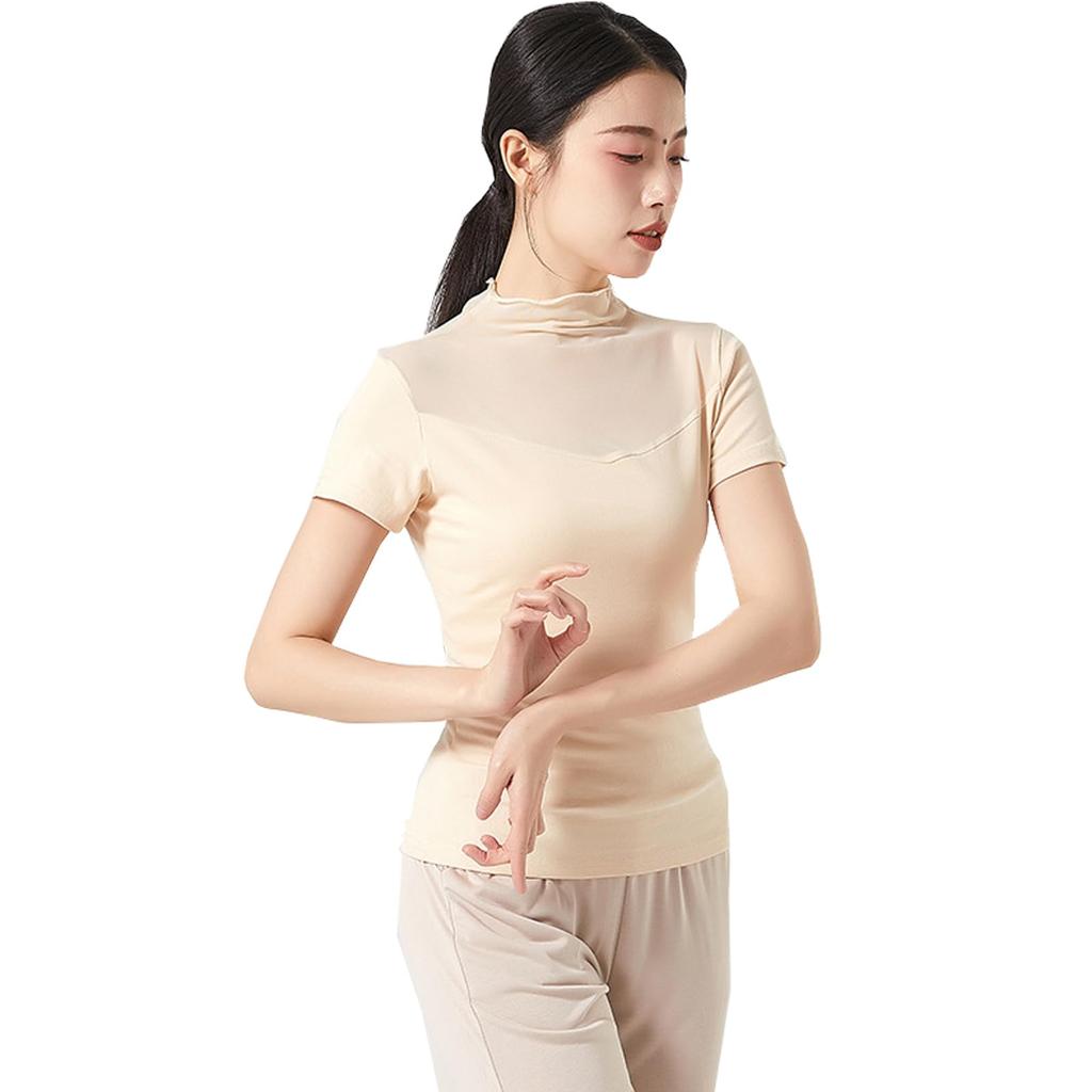 Yuoku Short Sleeve Ballet Dance Mesh Sheer High Neck Practice Classical Ballroom Elegant Dance Costume Women's Top, Collar, T-Shirt, Blouse,