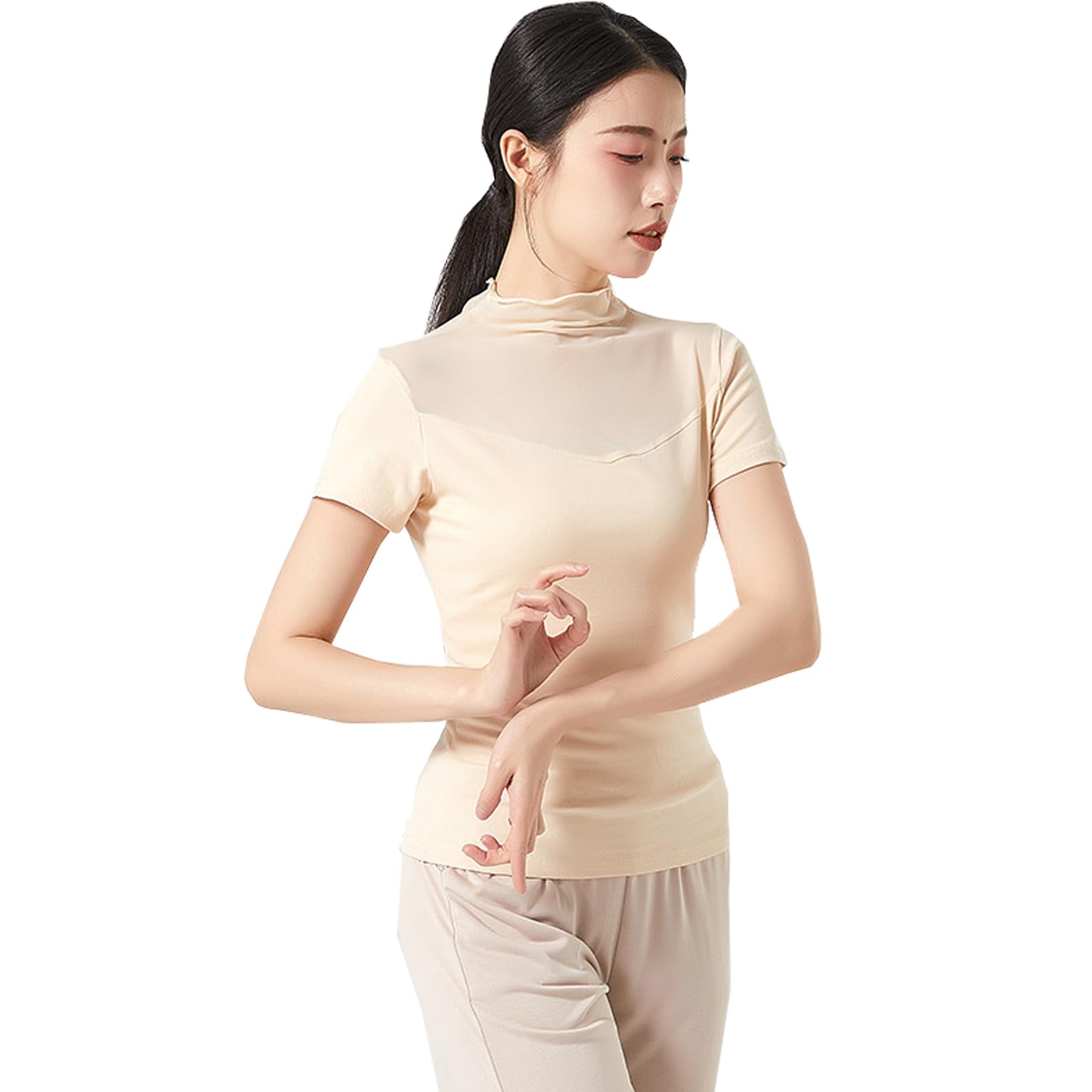 

Yuoku Short Sleeve Ballet Dance Mesh Sheer High Neck Practice Classical Ballroom Elegant Dance Costume Women s Top, Collar, T-Shirt, Blouse, бежевый