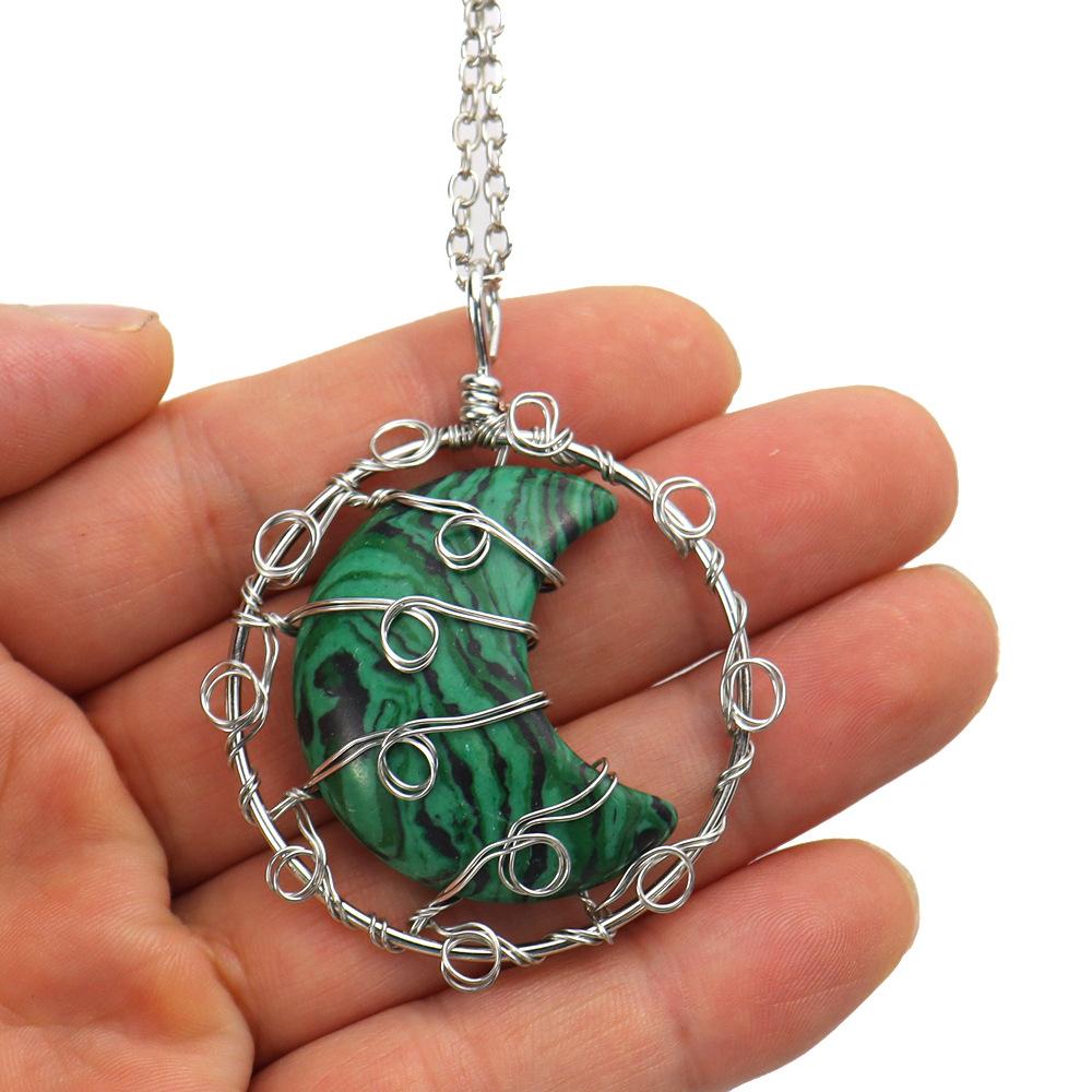 Hand-Woven Natural Crystal Agate Amethyst Moon Pendant Necklace Couple Jewelry N590