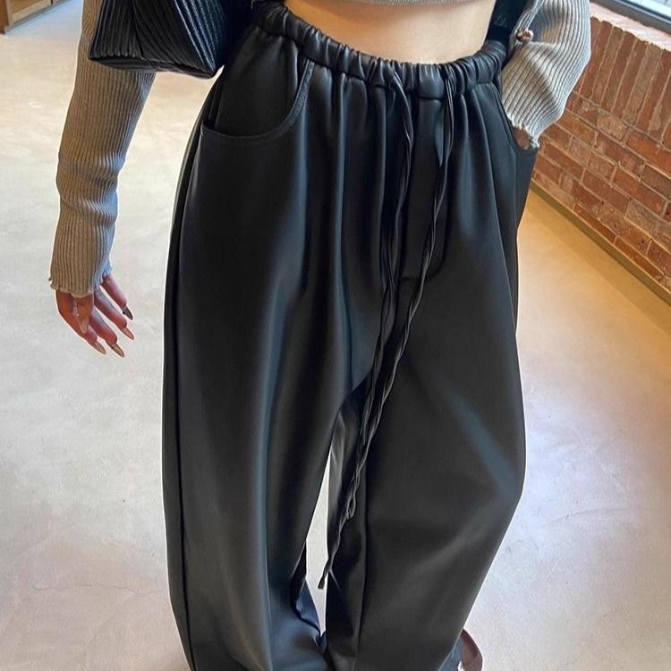 Black Leather Pants, Wide Leg Pants, Women's 2025 Autumn Winter , Matte PU Leather Casual Pants, Loose Straight Leg Floor Pants