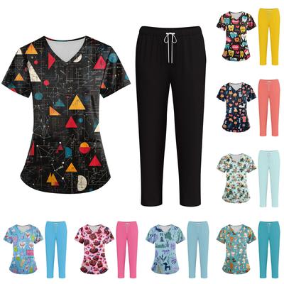 Plus SizePrinted Scrub Working Uniform Tops For Women's Cross V-Neck Halloween Print Short Sleeve Fun T-Shirts Workwear Tee With Pockets