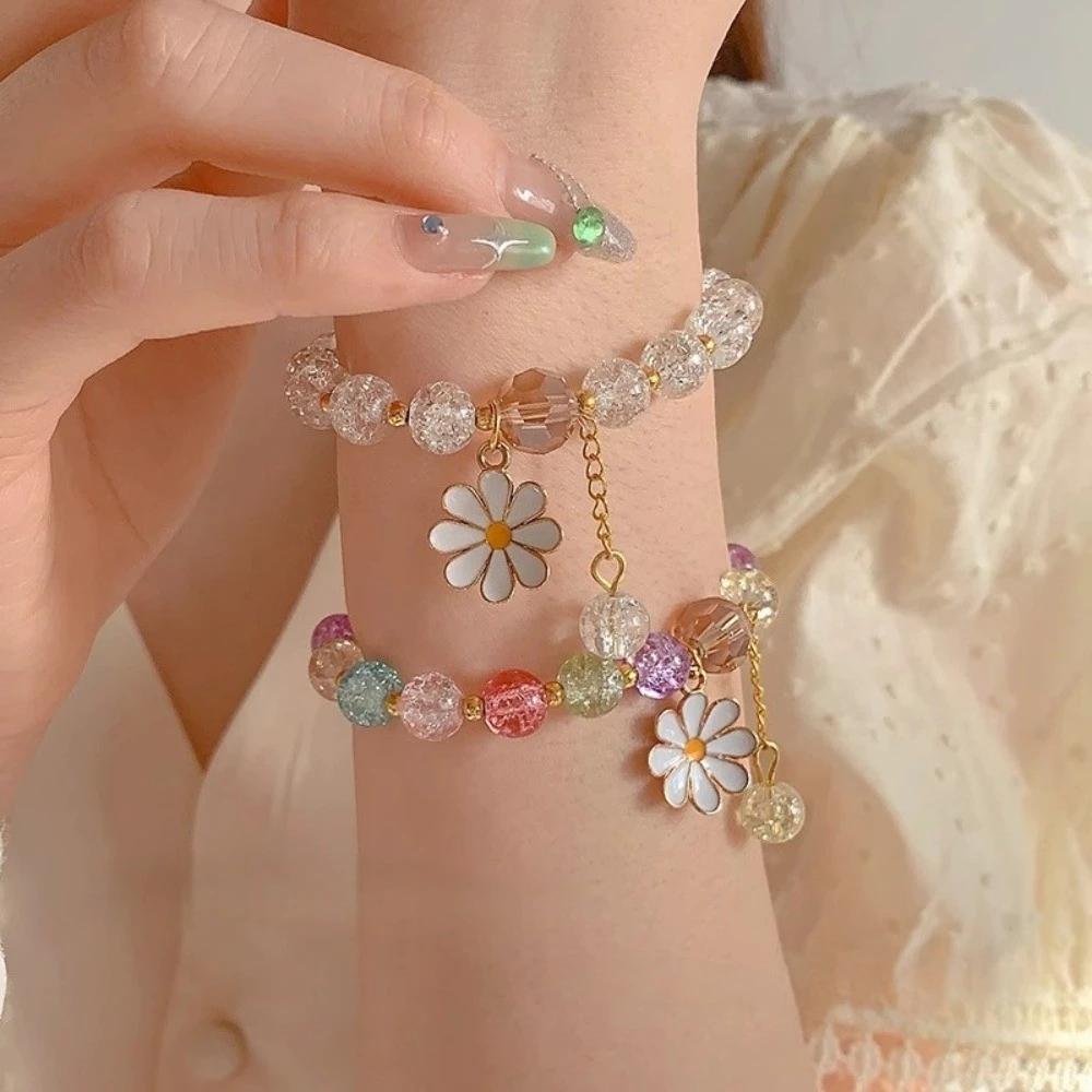 Exquisite Daisy Flower Bracelets Solid Color Beaded Elastic Rope Wristband Women Girls Jewelry Gifts
