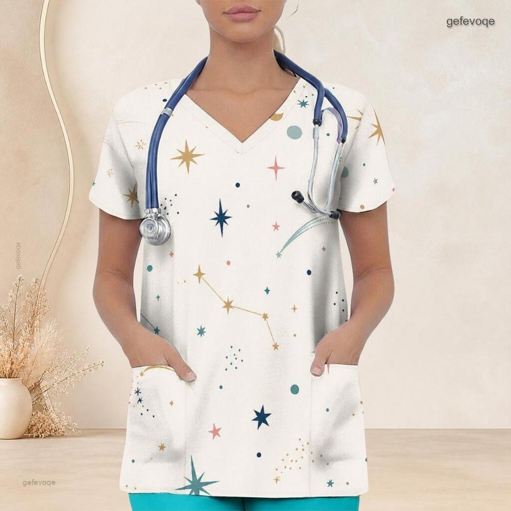 Women Plus Size V Neck Short Sleeve Scrub Top Boho Abstract Multicolor Heart Star Print Nurse Uniform Top