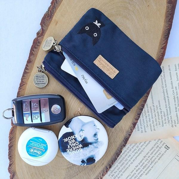 Porte-monnaie zippé en nylon avec broderie de joli chat, pochette pour cartes