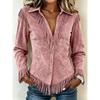Women's Fringe Shirt Casual Turn-down Collar Single Breasted Long Sleeve Solid Color Blouse