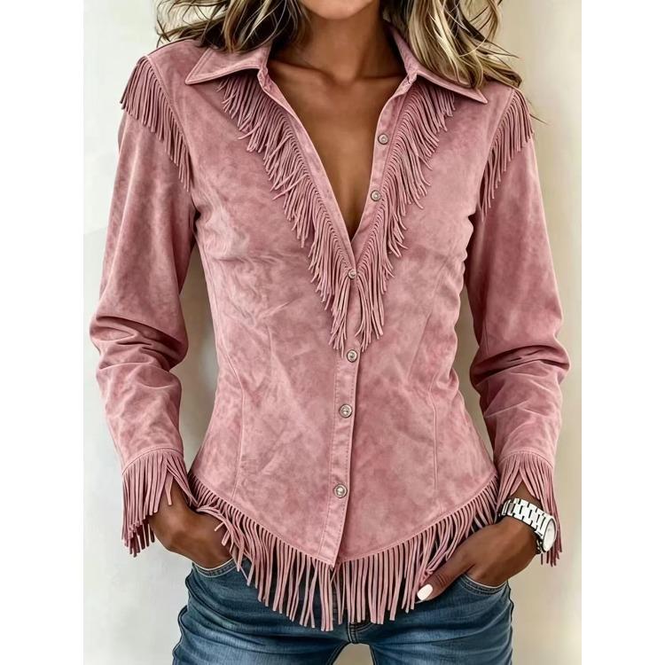 Women's Fringe Shirt Casual Turn-down Collar Single Breasted Long Sleeve Solid Color Blouse