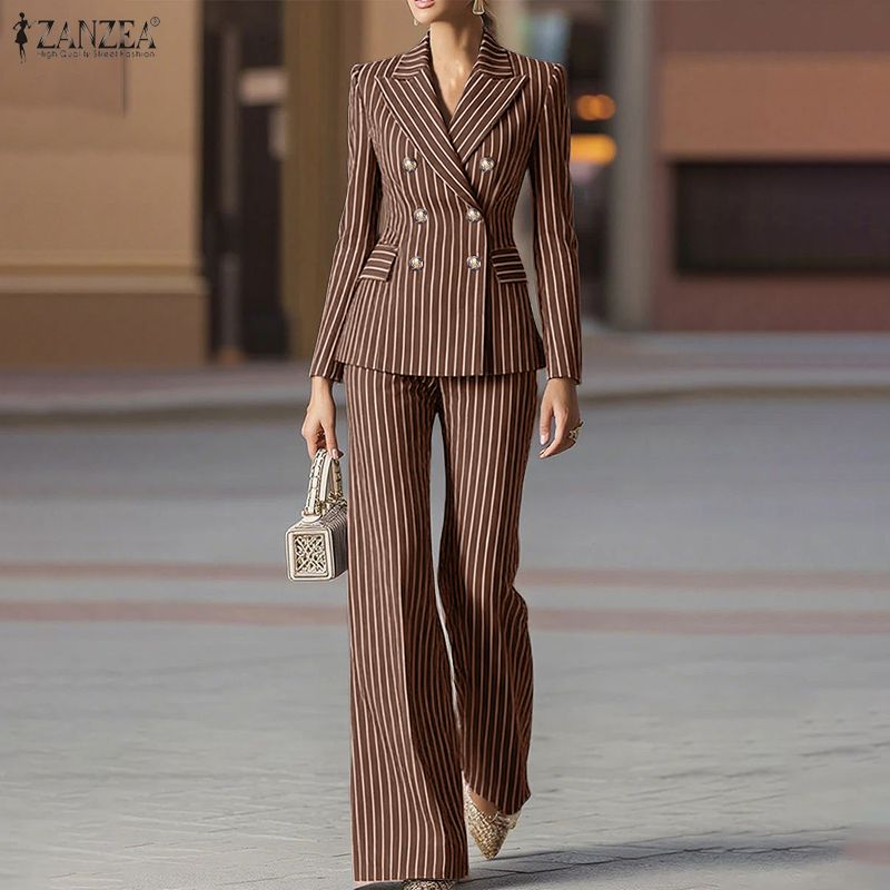 ZANZEA Women Casual Blazer and Pants Stripe Print Two Piece Suit Sets