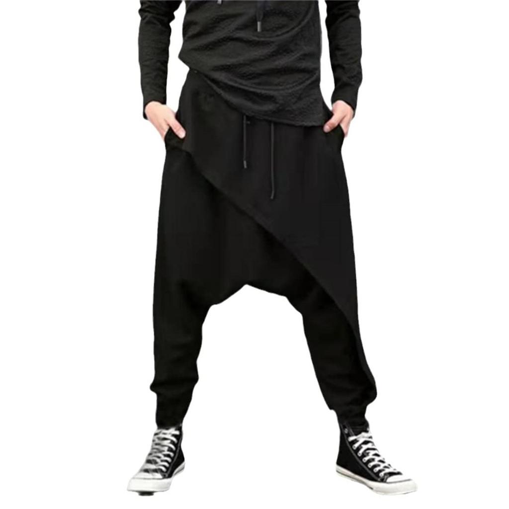 Men's Fashion Loose Fit Drop Crotch Harem Pants with Asymmetrical Design, Casual Streetwear Joggers, Black, Comfortable Drawstring Waist