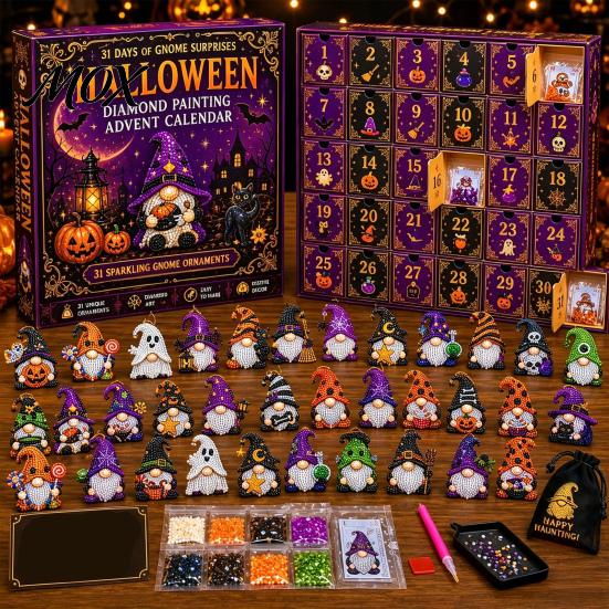 Holiday Atmosphere Maker 31 Days Gnomes Halloween Rhinestone Painting Advent Calendar, DIY Faux Diamond Art Gift for Teachers Elders Craft Kit,