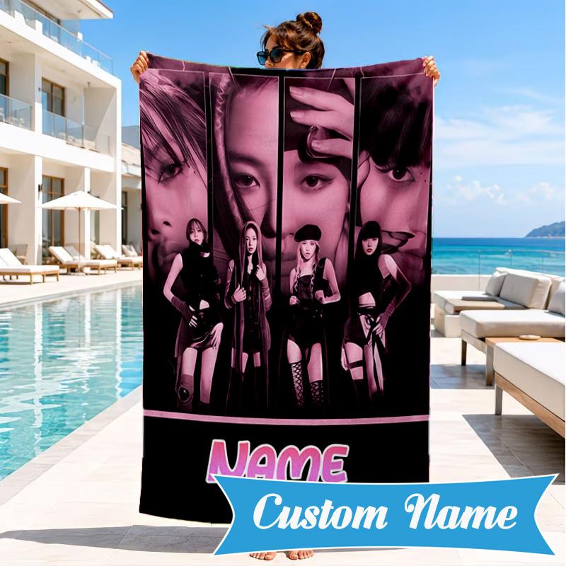 Custom Name Neon Kpop BP Beach Towel Microfiber Beach Towel, Lightweight and Quick-Dry, for Summer Travel, Swimming Pool Gift