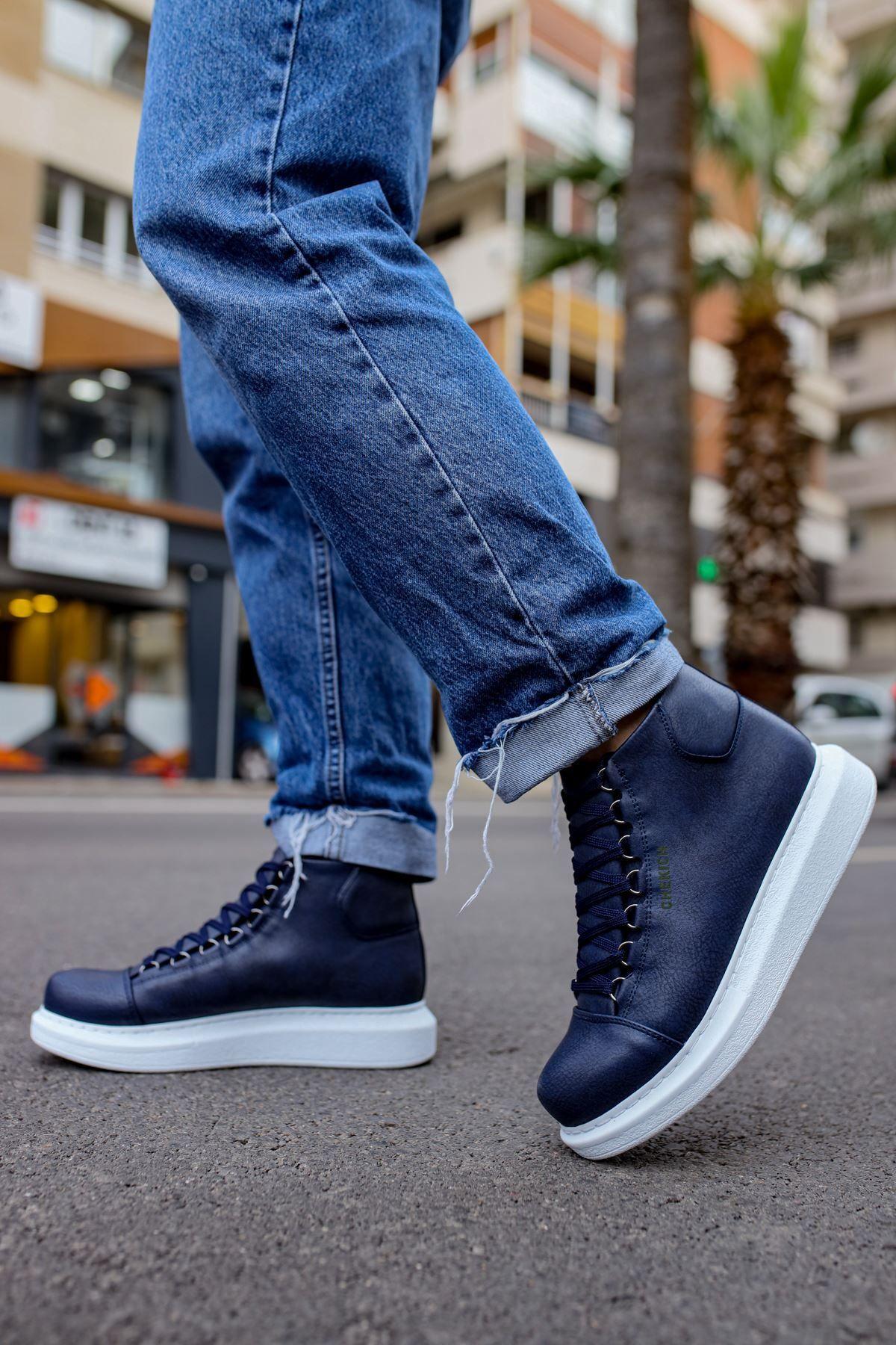 

Men s Fashion Polyurethane Thick Heeled Boots Bootie Boots Navy Blue Shoes 36