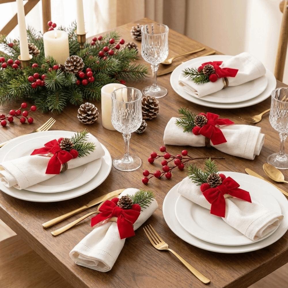 6PCS Pinecone Red Bow Napkin Rings Artificial Berry Napkin Holders Holiday Dinner Party