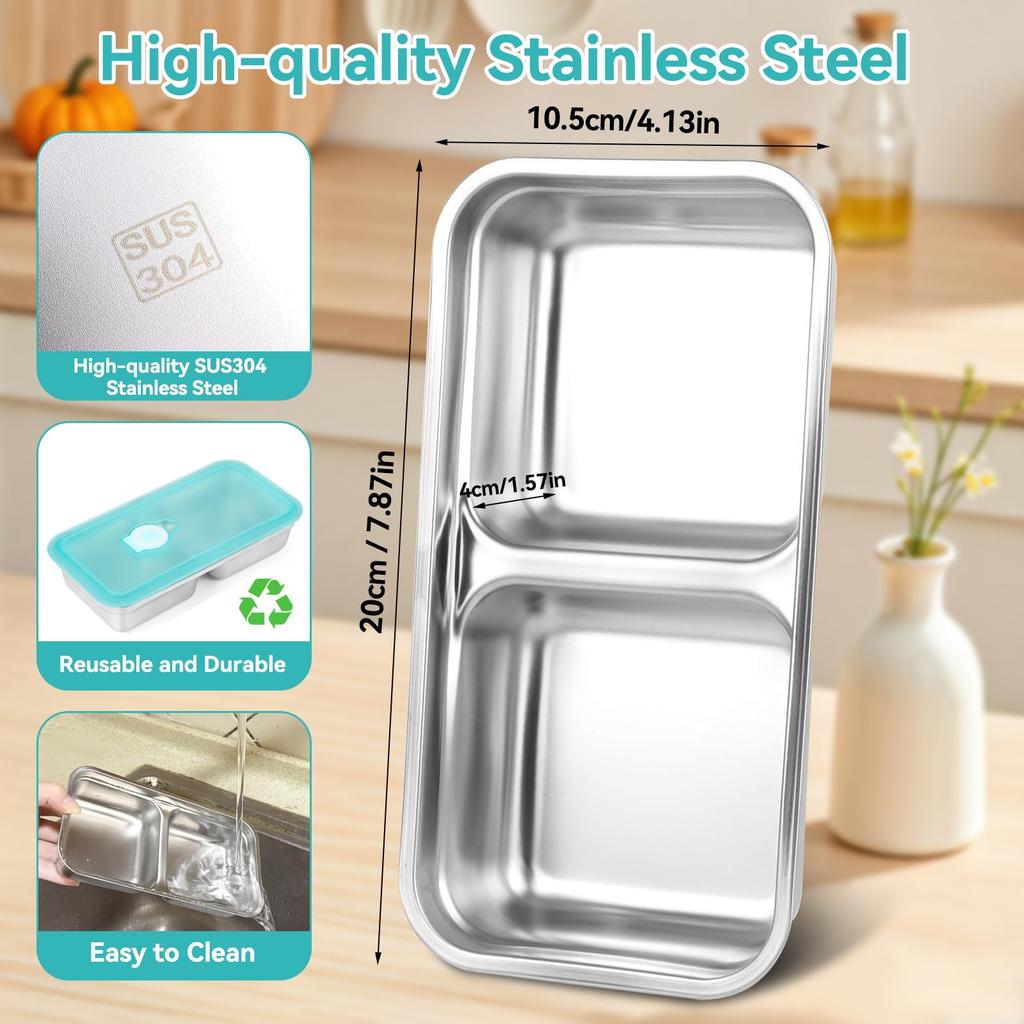 Stainless Steel Snack Containers, Grab and Go Snack Containers Reusable, Double Compartment Food Storage Containers with Lids