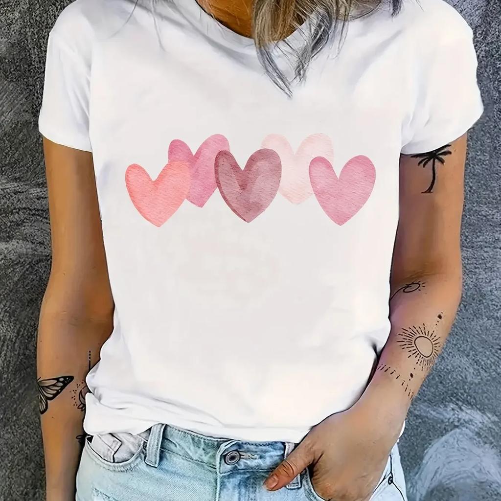 Women's T-shirt Heart-shaped Pattern Printing Summer Clothing Round Neck Short Sleeve Summer Sleeved Harajuku Streetwear Tops