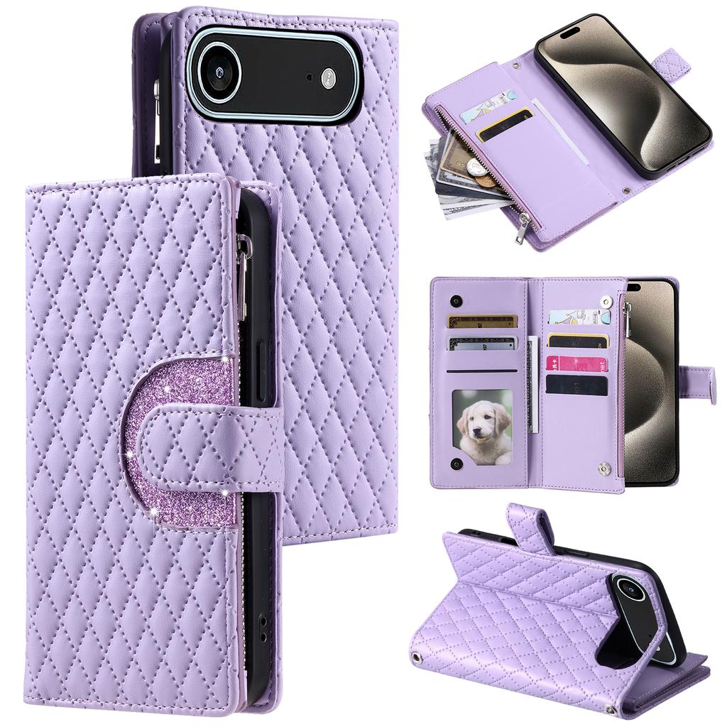 For iPhone 17 Air Case Zipper Pocket Glitter Leather Phone Cover with Wrist Strap