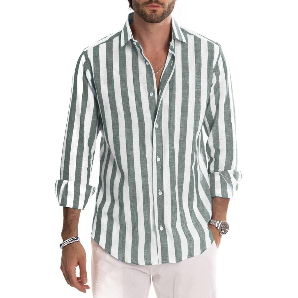 Men's Long Sleeves Flip Collar Stripes Loose Shirt
