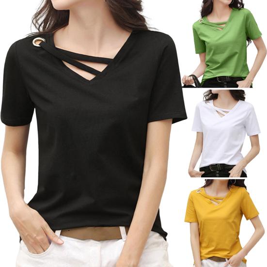 Γυναικείο πουκάμισο μονόχρωμο κοντό μανίκι V λαιμόκοψη Γυναικεία μπλούζα για καθημερινή χρήση