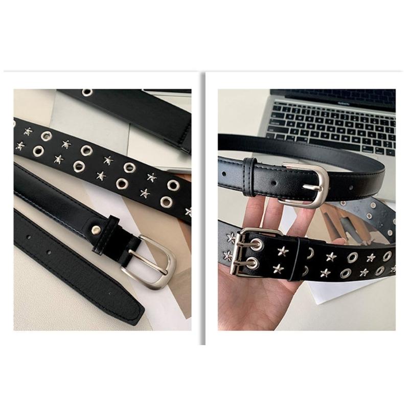 PU Leather Punk Waist Belt with Star Rivets And Double Buckles Holes For Daily Wear and Theme Occasion Dressingup Props