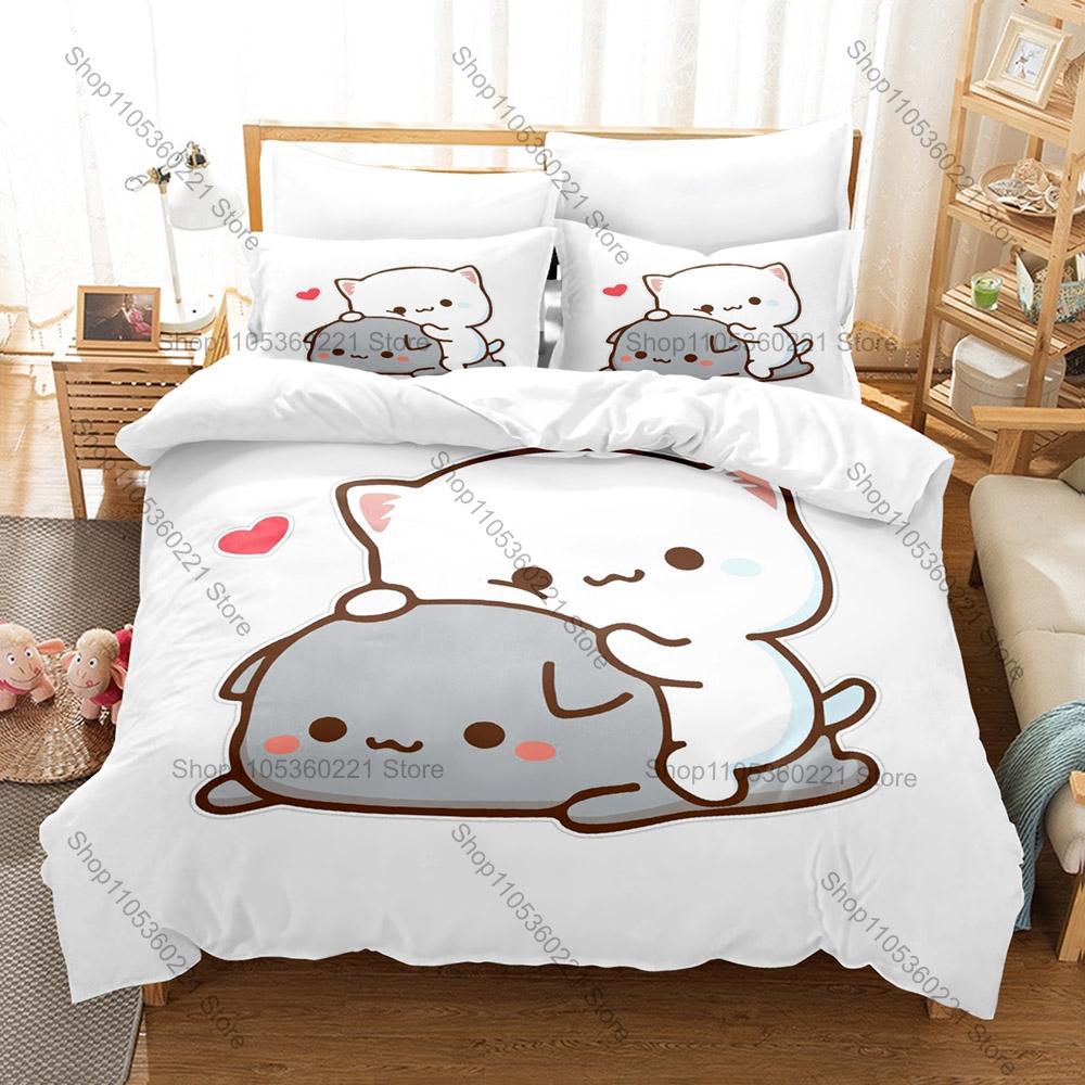 Personality Adorable Peach And Goma Cat Bedding Set New Sweet Couple Printed Duvet Cover Soft Bed Set For Girls Kids Room