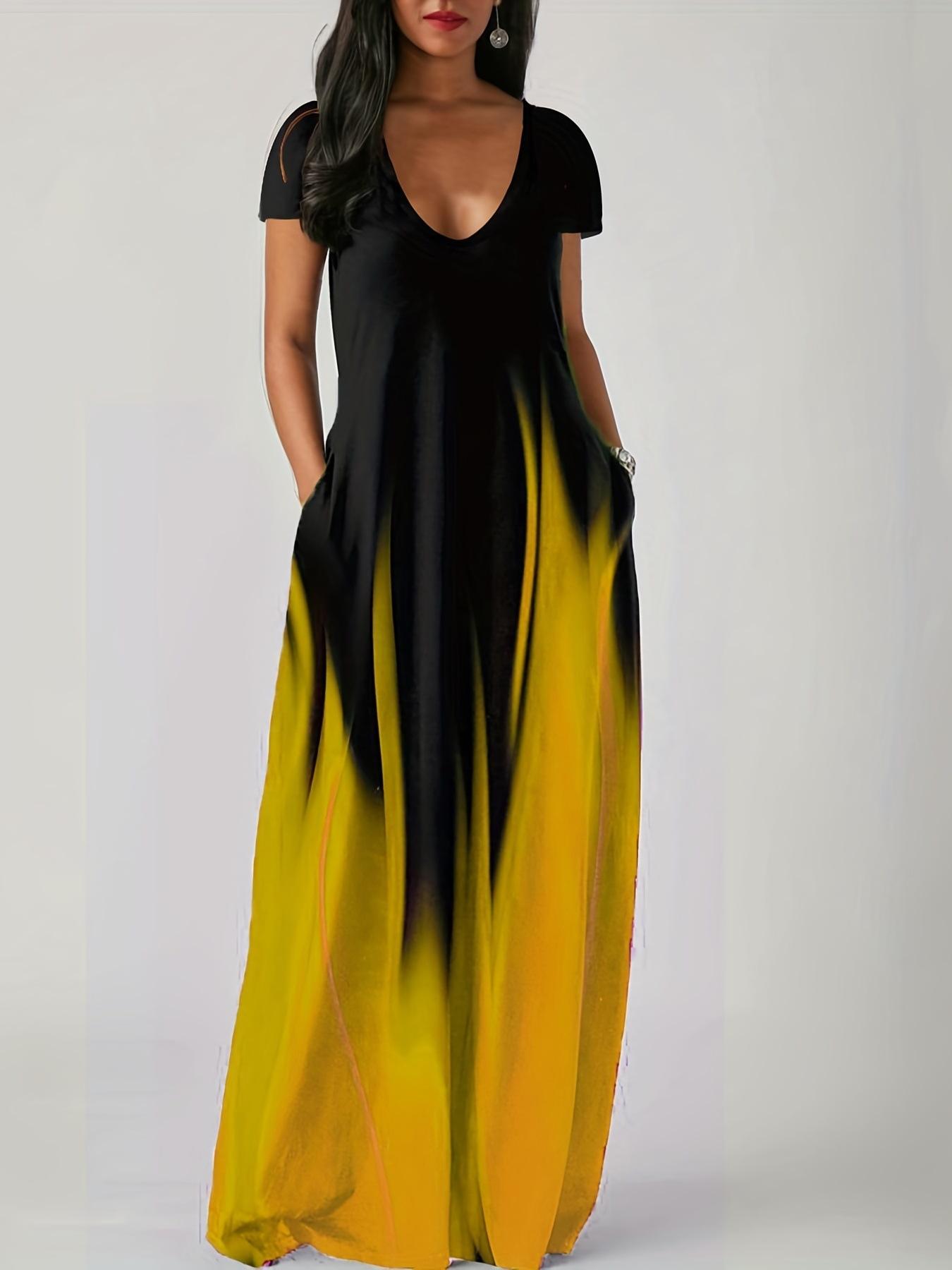 

New summer loose printing casual sexy women s clothing long skirt pocket long even 5XL жовтий