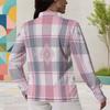 Women Plus Size Collared Neck Long Sleeve Plaid Printed Button Front Shirt Pink Gray White