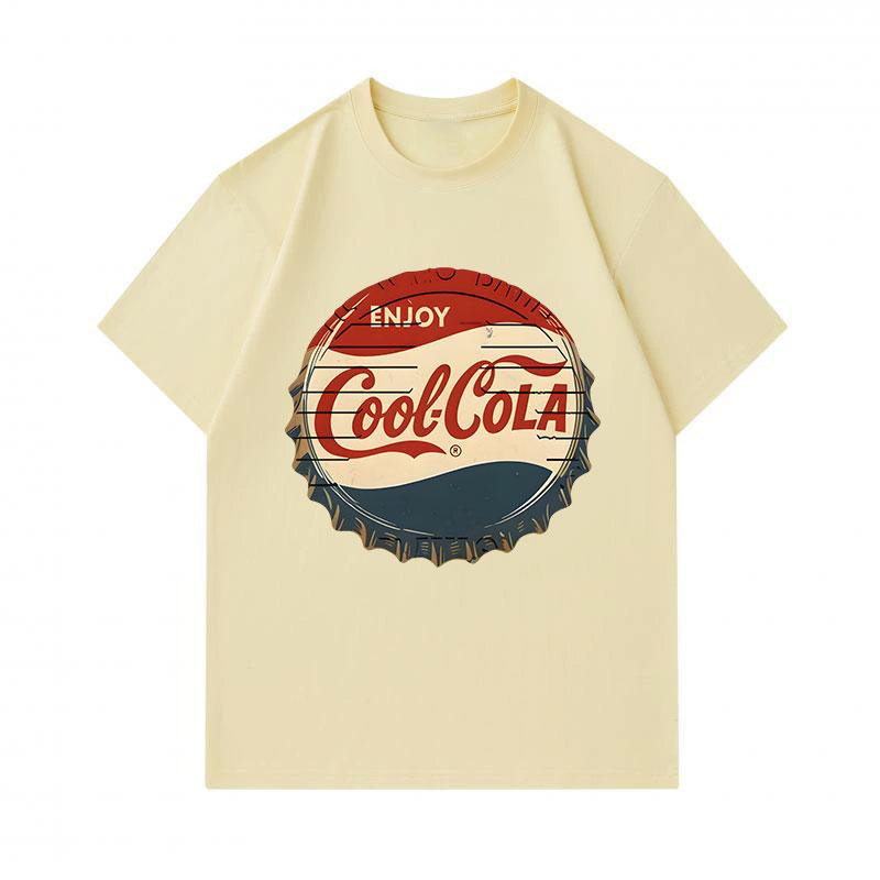 Men's 100% Cotton Crew Neck Short Sleeve T-Shirt, Retro Vintage Cool Cola Bottle Cap Pattern Printed Casual Comfortable Daily Wear Top for Summer Dail