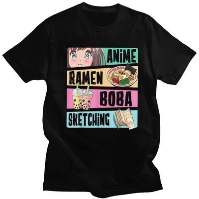 Anime Ramen Boba Sketching Graphic Tee for Men 100% Cotton Short Sleeve T-Shirt