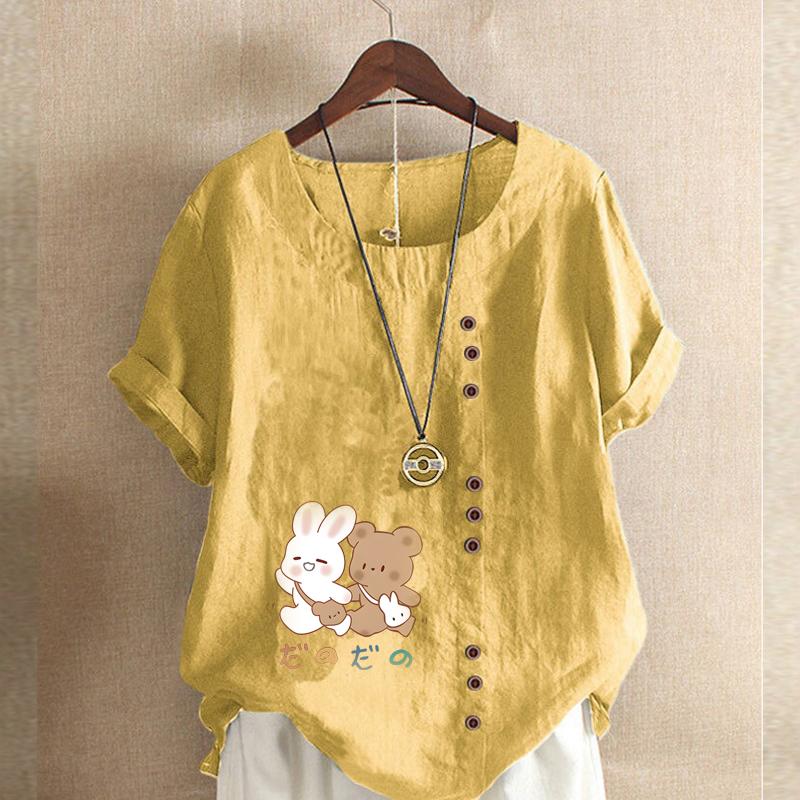 Women's New Fashion Linen Shirt Round Neck Short Sleeve Rabbit and Bear Printed T-shirt Summer Ladies Casual Plus Size Blouse Tops