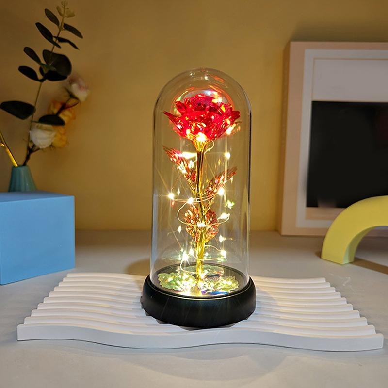 1 Set Light Up Wedding Galaxy Rose Decor Artificial Flowers Led Red Rose Valentine'S Day Gift Rose In Acrylic Cover Stand