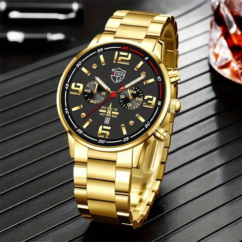 2pcs/set, 1pc Fashion Men's Business Quartz Wrist Watch with Stainless Steel Strap & 1pc Bracelet, Men's Gifts