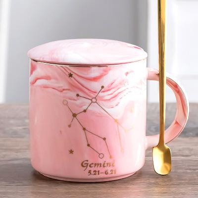 400ML Twelve Constellation Marble Cup with Cover Long Spoon Ceramic Party Tableware Set Porcelain Breakfast Coffee Mug Cup