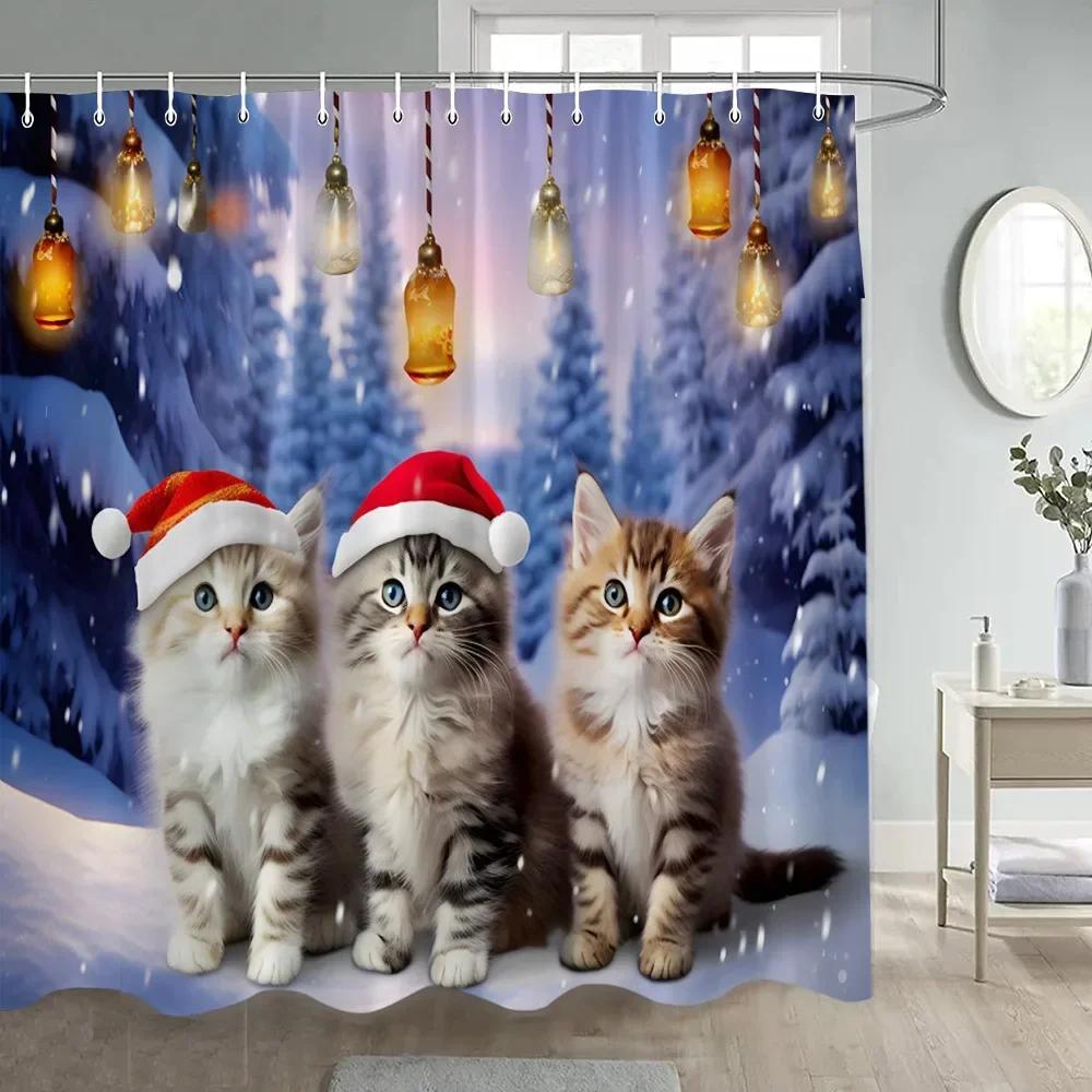 Cute Christmas Cats Shower Curtain Winter Xmas Tree Balls Gift Funny Animal Dog New Year Bathroom Curtains Fabric Home Decor Set