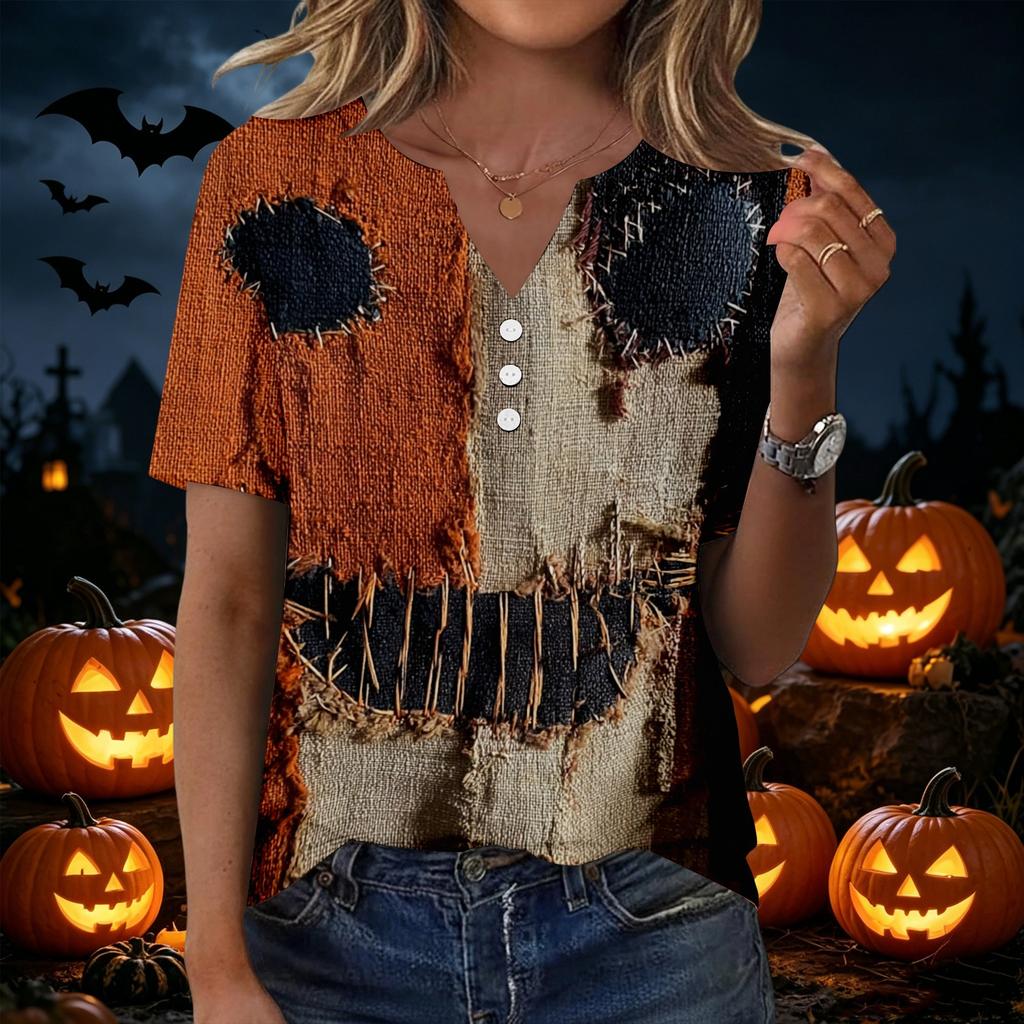 Women's Casual V Neck Button Front Top Halloween Print Short Sleeve Relaxed Fit Blouse Lightweight Breathable Fabric