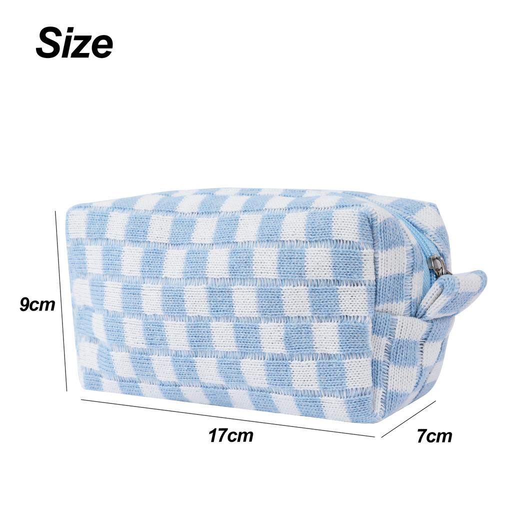 Ladies Small Knitted Zipper Closure Cosmetic Bag Plaid Pencil Case Travel Soft Checkered Makeup Pouch