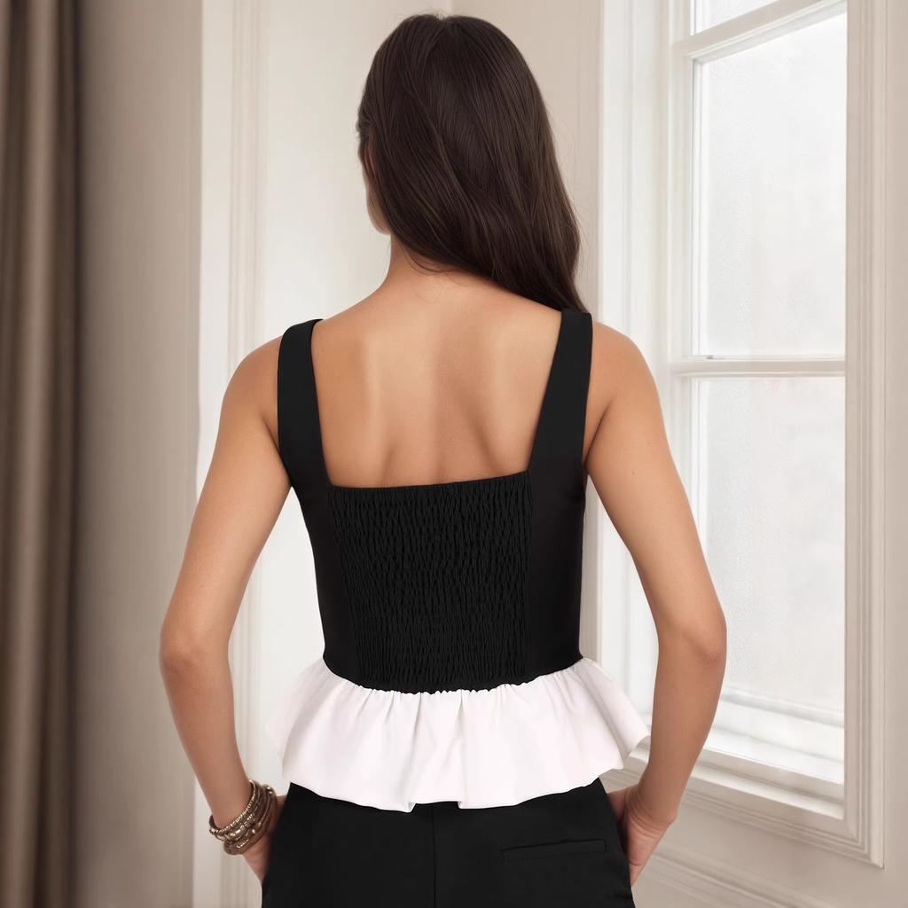 Pure Desire Sexy Suspender Vest New Summer Design Sense External Contrasting Color Short Sleeveless Bud Casual Versatile