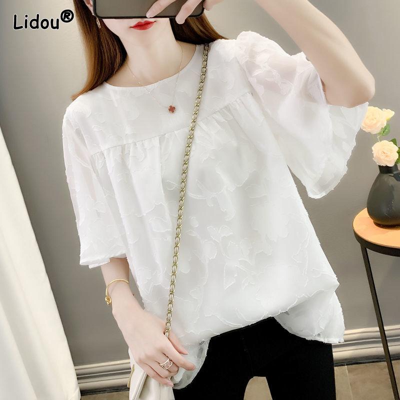 

Женская одежда Свободные однотонные пуловеры из марли с принтом и круглым вырезом, с коротким рукавом, кружевные, модные, повседневные, милые, летние тонкие футболки L белый