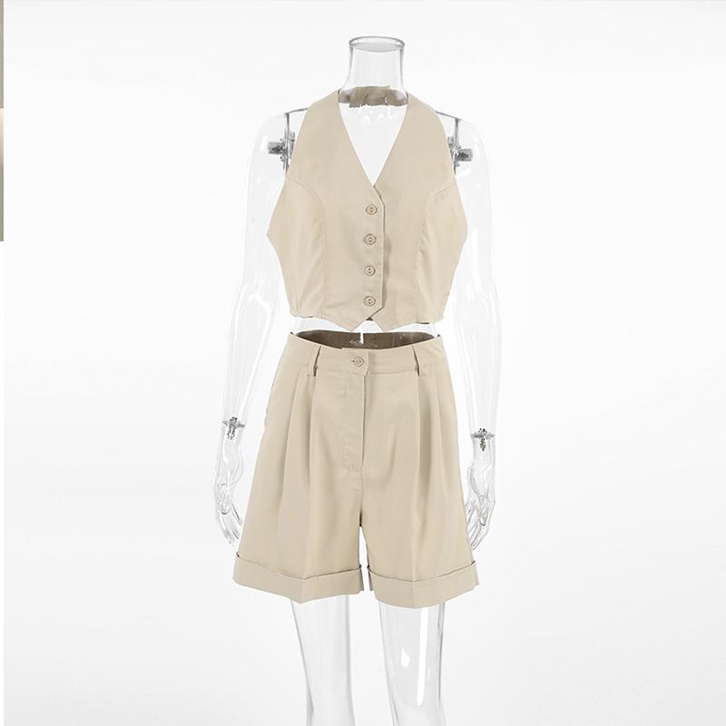 Conjuntos Elegantes para Mujer 2 Piezas Verano Nuevo en Conjuntos a Juego Estilo Commuter Sin Mangas Cuello en V Cuello Colgante Pantalones Cortos de Dos Piezas