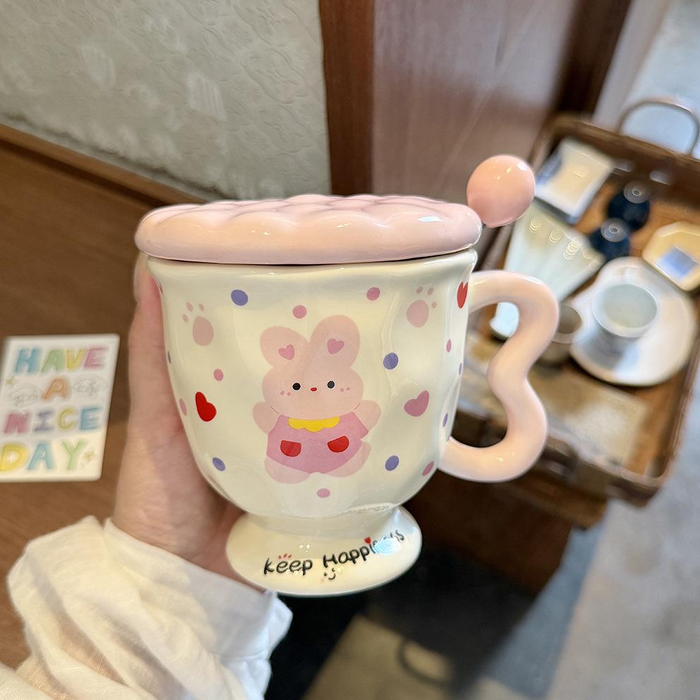 High-value Mug with Lid Spoon, Cute Rabbit Ceramic Cup, Couple Water Cup, Practical Birthday Gift for Girls