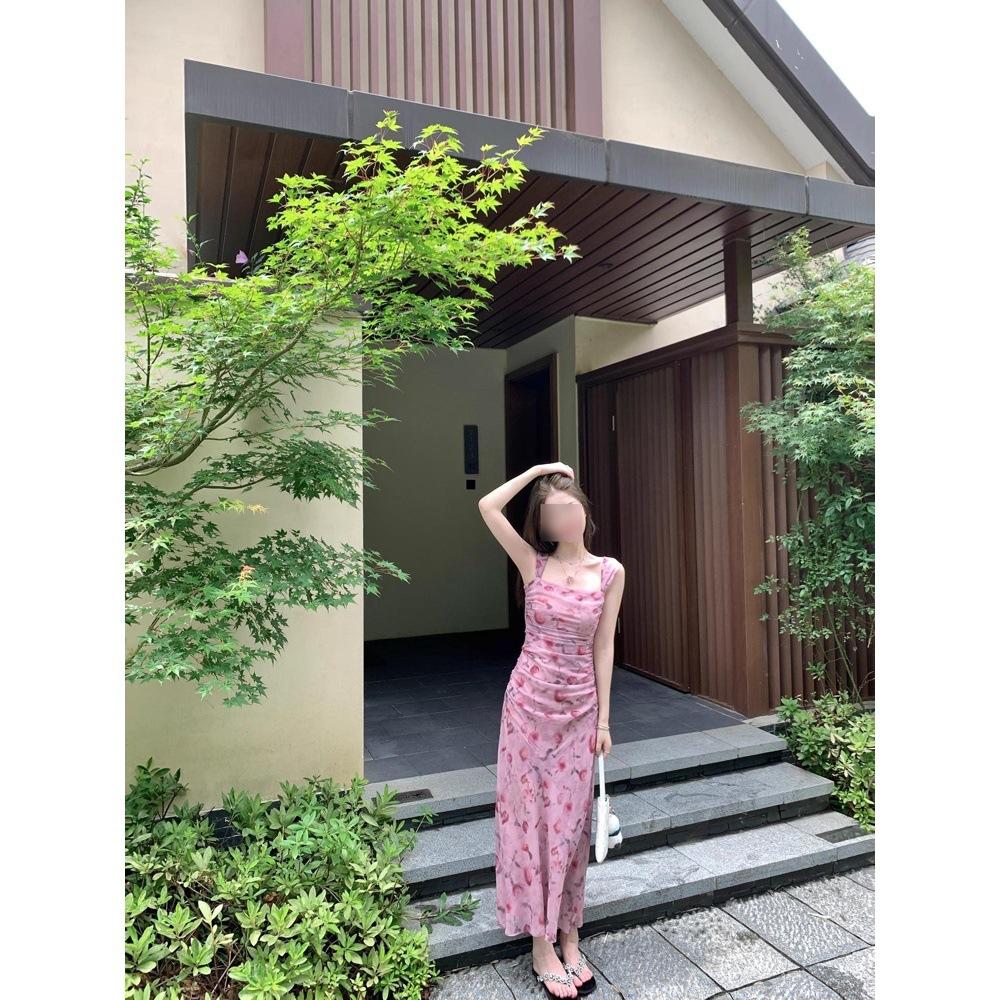 

Розовое цветочное платье на бретелях детское летнее новая мода стиль отпуска платье с завышенной талией XL