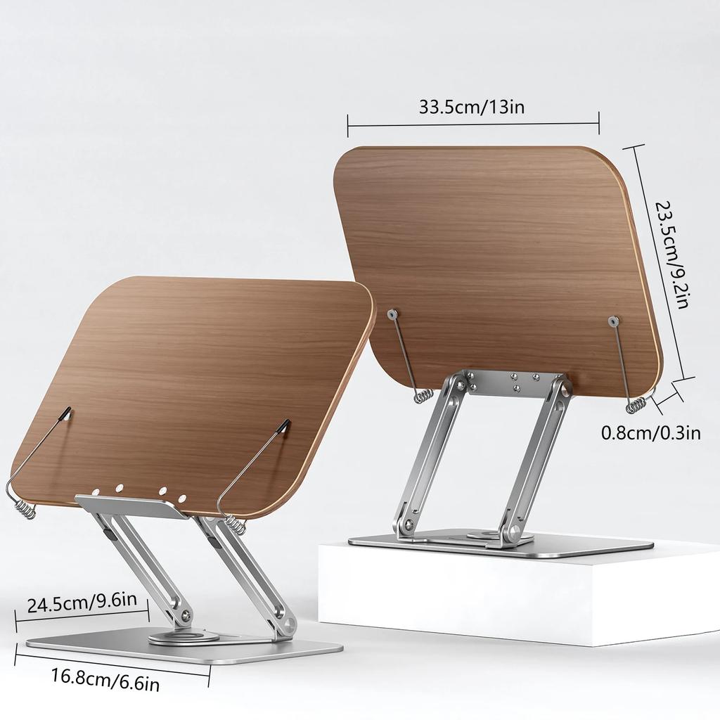 Bisofice Desktop Book Stand Wooden Panel & Page Clips Foldable and Angle for Reading with 360° Rotating Base for Textbook