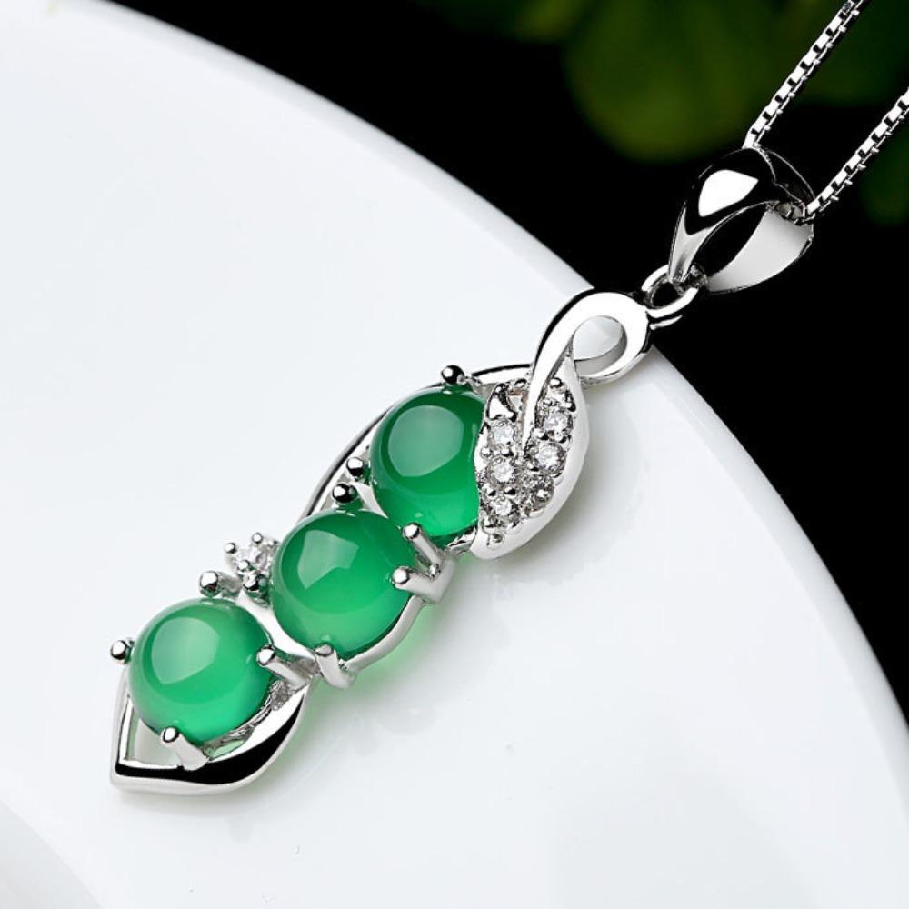 925 Silver Plated Synthetic Green Chrysoprase Bead Pendant Necklace for Women