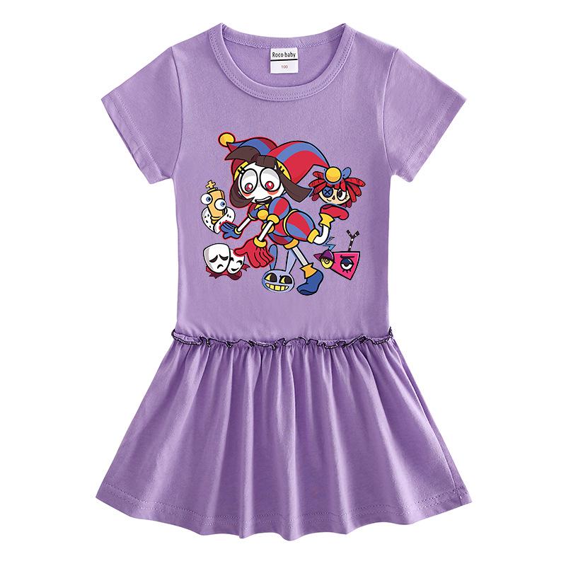 2026 Summer Korean Style Short Sleeve Cartoon Girls' Dress with Pleated Skirt