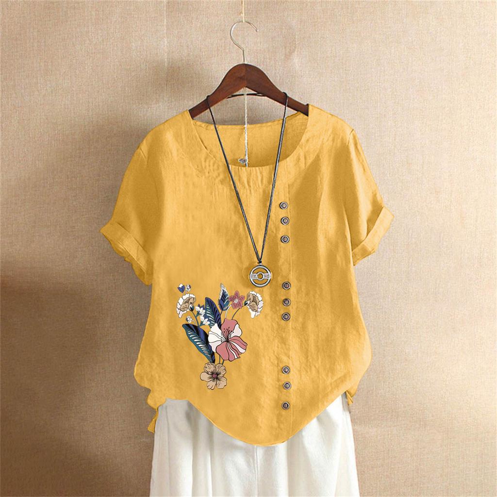 Letnia oversize'owa bawełniano-lniana koszulka z krótkim rękawem, Bawełniano-lniana drukowana oversize'owa odzież damska